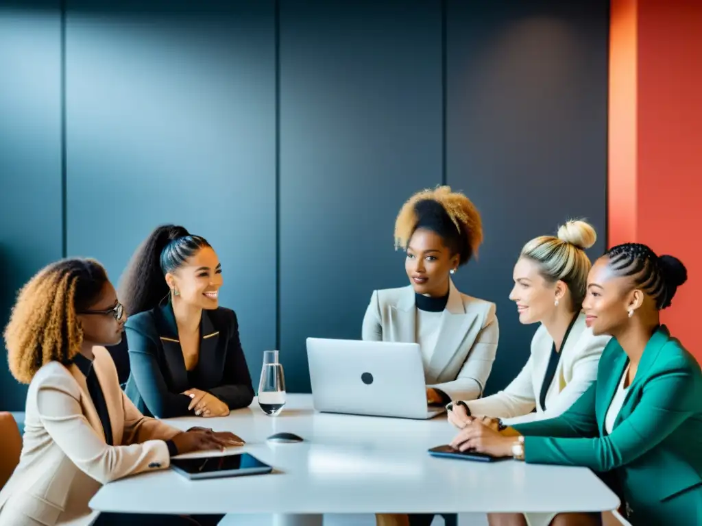 Influencers femeninas tecnologías emergentes reunidas en mesa de conferencias, colaborando en proyectos innovadores con tecnología futurista