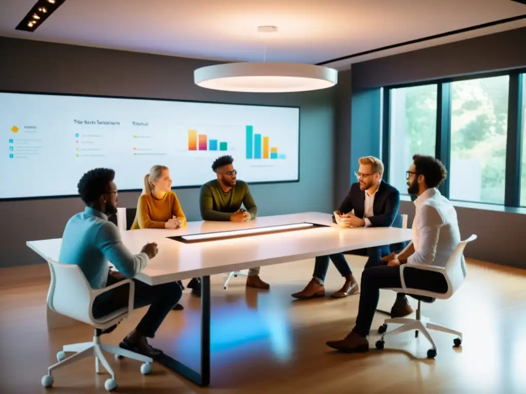 Influencers y fundadores de startups tecnológicas innovadoras colaboran en una sala luminosa, generando una atmósfera de creatividad y progreso