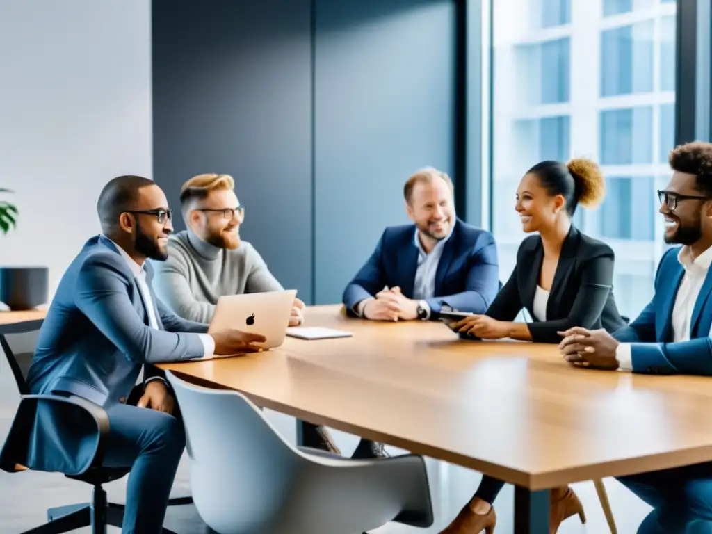 Influencers en startups tecnológicas innovadoras reunidos en una oficina moderna, colaborando en una discusión dinámica y estratégica