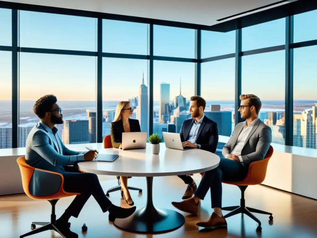 Influencers en startups tecnológicas innovadoras debatiendo en una oficina moderna con vista a la ciudad