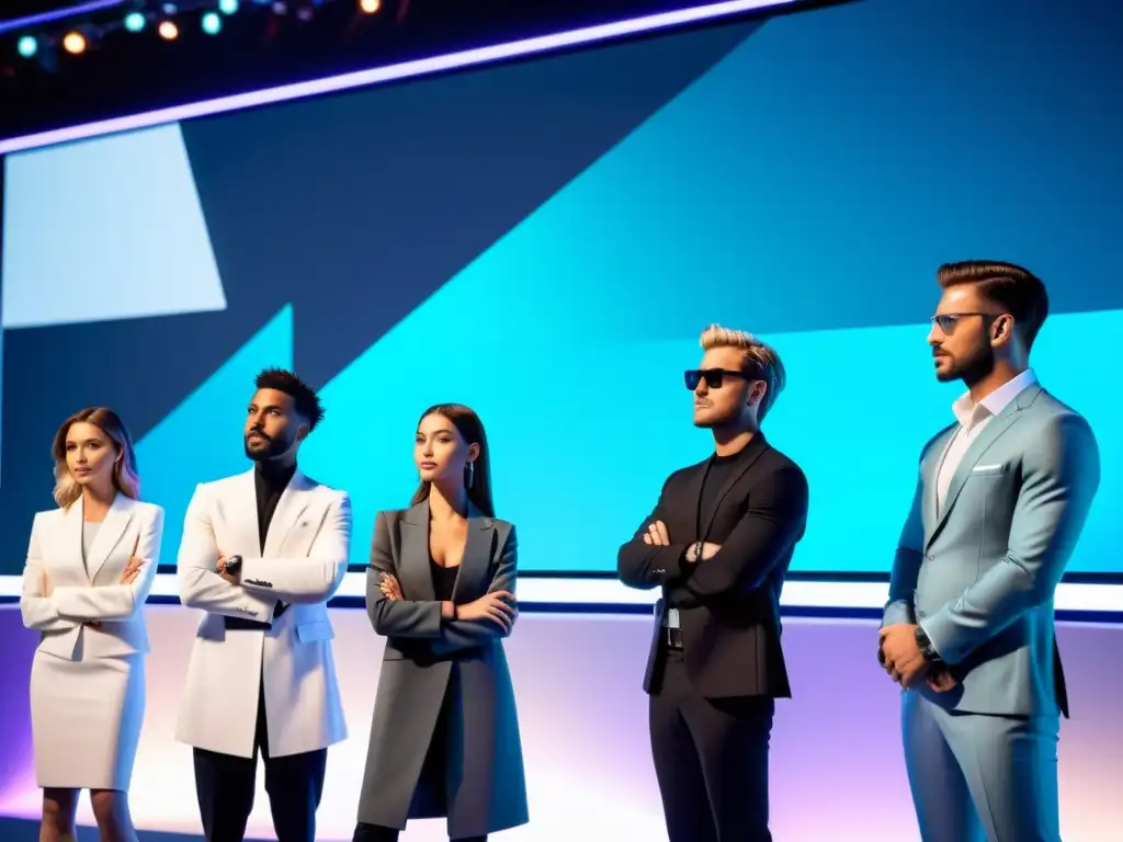 Influencers promocionando tecnología emergente con confianza y profesionalismo, rodeados de innovación y colaboración