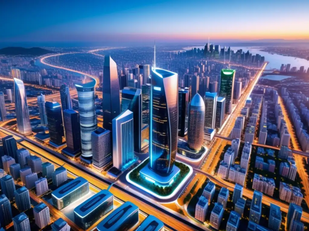 Influencia del Big Data en Smart Cities: Vista aérea de una ciudad moderna con rascacielos futuristas y una infraestructura inteligente, iluminada por luces vibrantes y dominada por edificios sostenibles y eficientes