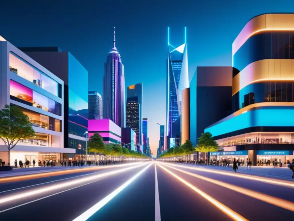 Influencia del Big Data en Smart Cities: Una ciudad futurista de noche, con edificios modernos, luces coloridas y vehículos autónomos
