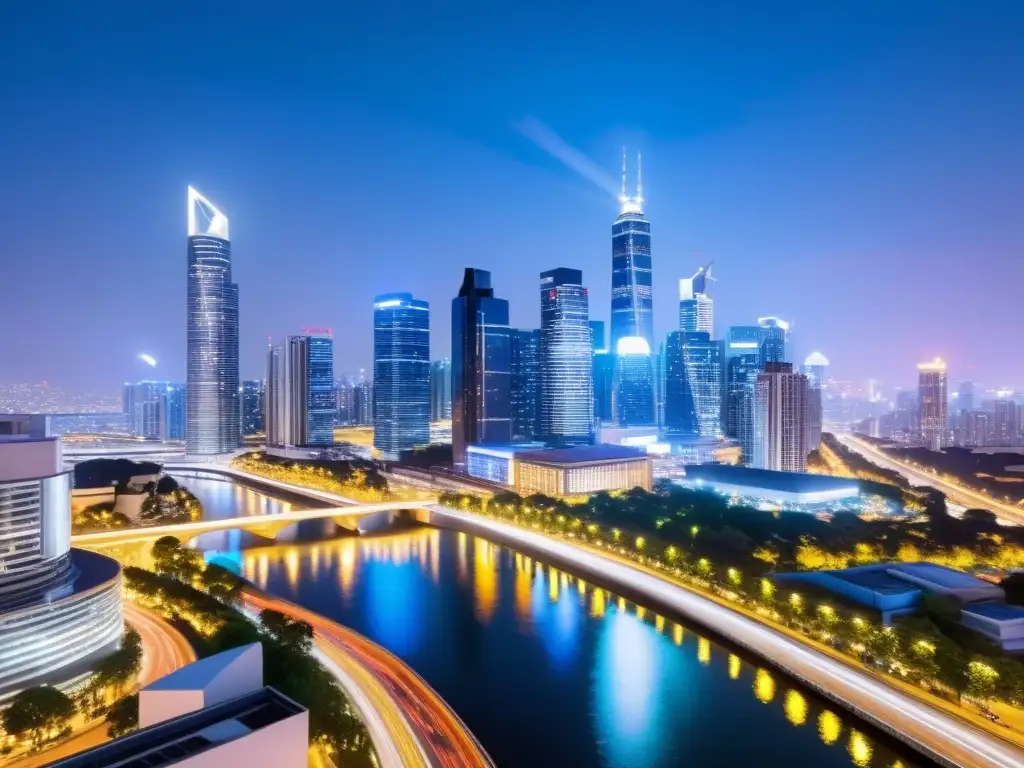 Influencia del Big Data en Smart Cities: Una ciudad vibrante de noche, con modernos rascacielos y luces que reflejan innovación y energía urbana