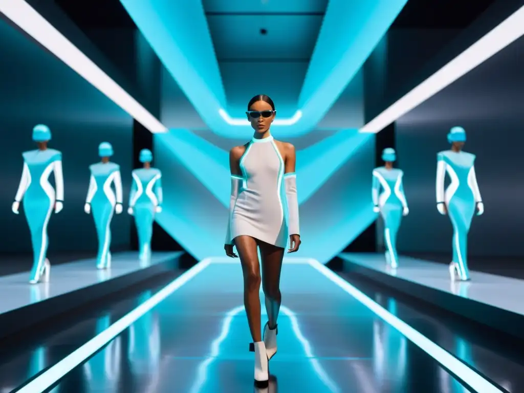 Influencia de la Realidad Aumentada: Desfile virtual de moda con modelos en prendas de AR, espectadores virtuales y ambiente futurista