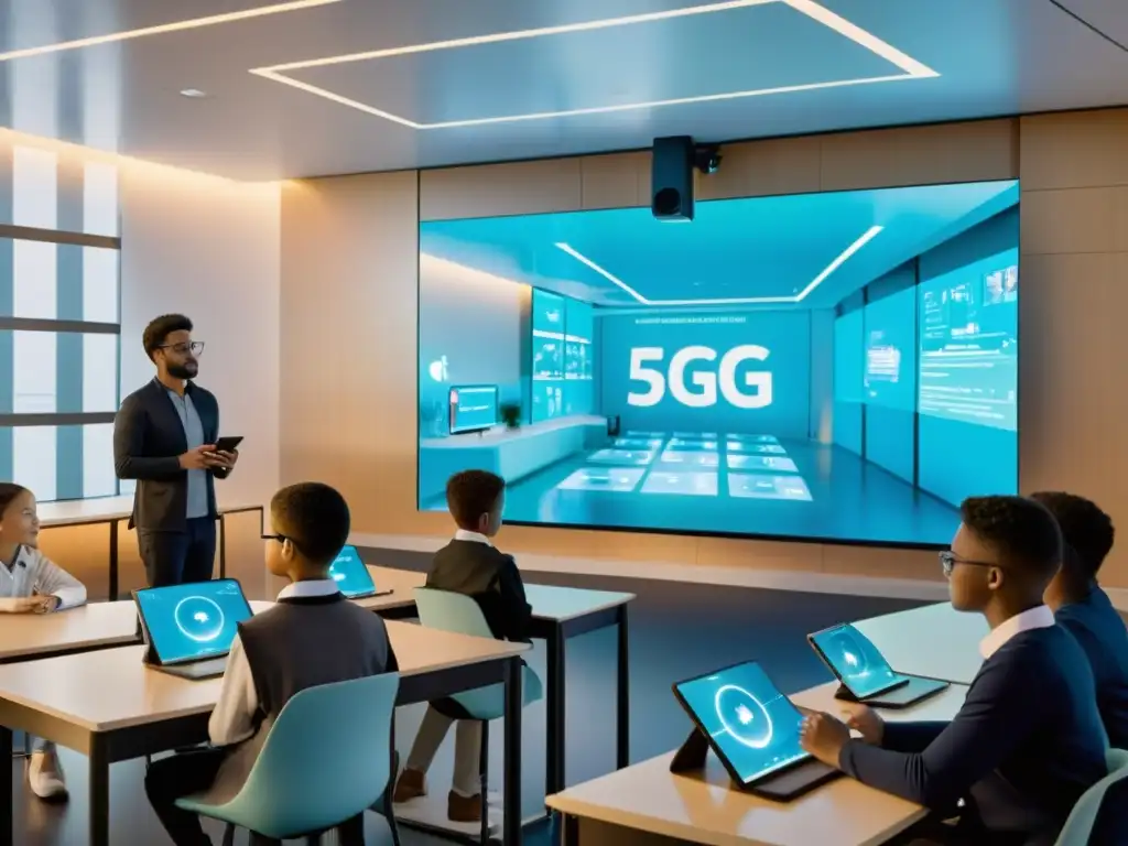 Implementando Infraestructura 5G Educativa: Aula futurista llena de estudiantes y tecnología holográfica, integrando 5G en la enseñanza