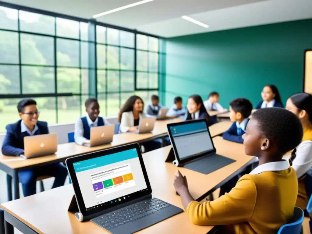 Implementando Infraestructura 5G Educativa: Aula moderna llena de estudiantes interactuando con tecnología educativa, ambiente dinámico y luminoso