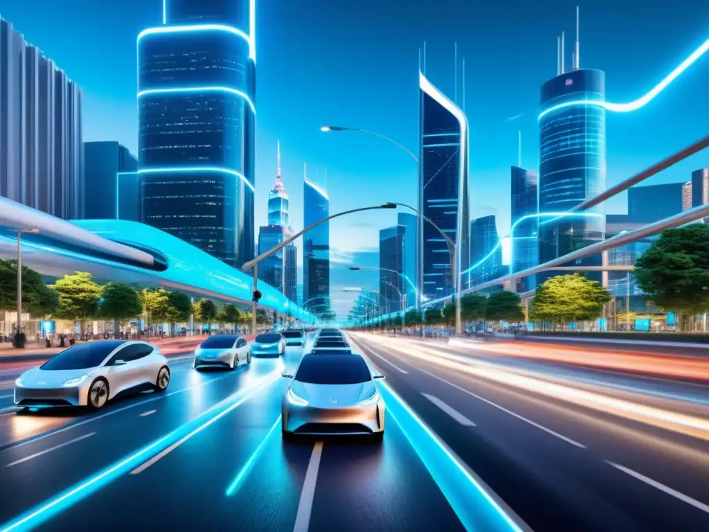 Infraestructura 5G para movilidad urbana: Ciudad futurista con vehículos eléctricos y torres 5G integradas en el paisaje urbano, transmitiendo innovación y sostenibilidad