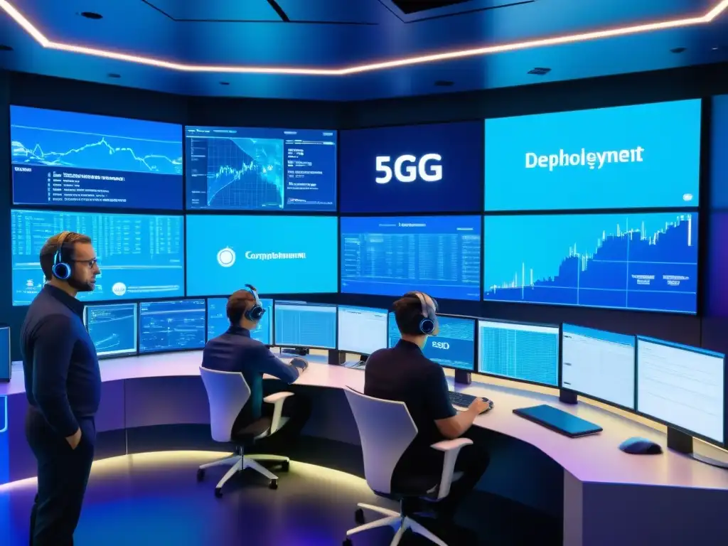 Ingenieros en sala de control de alta tecnología, despliegue 5G, ambiente futurista azul, resolución de desafíos técnicos