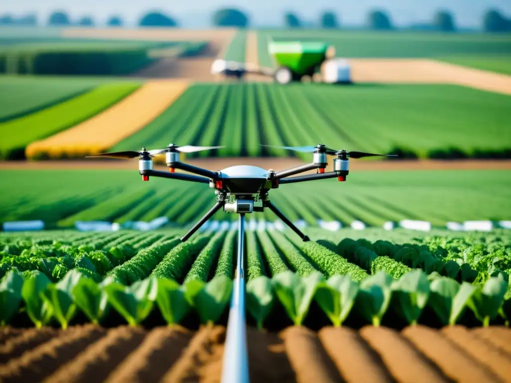 Innovaciones en fertilización asistida 5G: campo agrícola moderno con tecnología de precisión y verde exuberante junto a maquinaria futurista