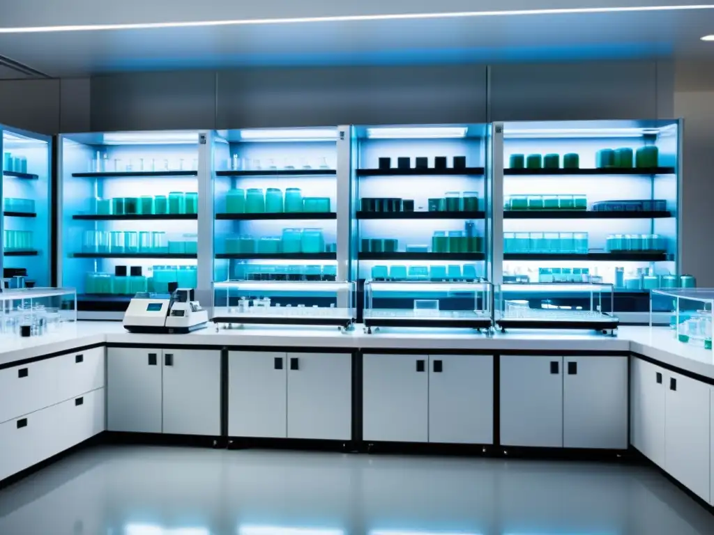 Innovaciones saludables y sostenibles en biotecnología: Imagen de laboratorio de alta tecnología con equipamiento moderno y ambiente clínico brillante