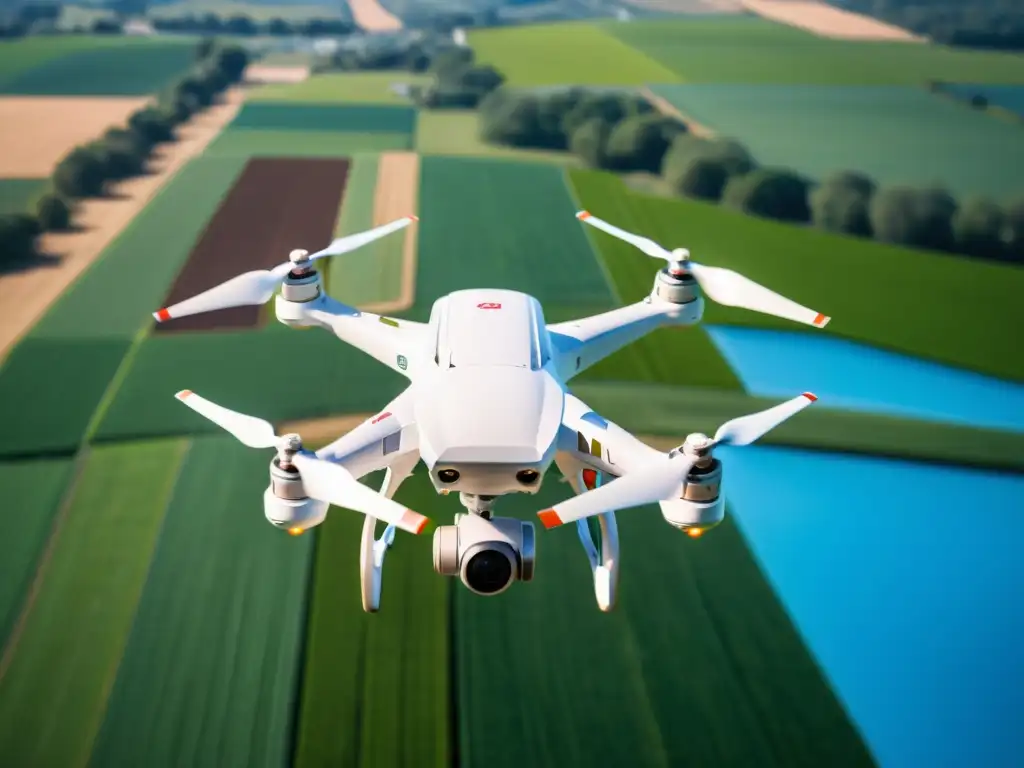 Innovaciones tecnológicas en el campo del marketing: un dron capturando datos sobre un campo verde, bajo un cielo azul vibrante