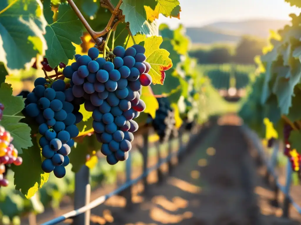 Innovaciones tecnológicas en viticultura: Máquina robótica cosechadora de uvas en viñedo al atardecer, con un aura cálida y dorada