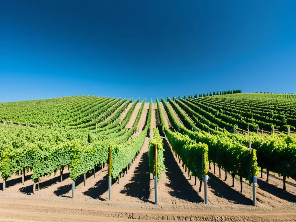 Innovaciones tecnológicas en viticultura: una panorámica de un viñedo moderno, con filas de vides perfectamente alineadas bajo un cielo azul