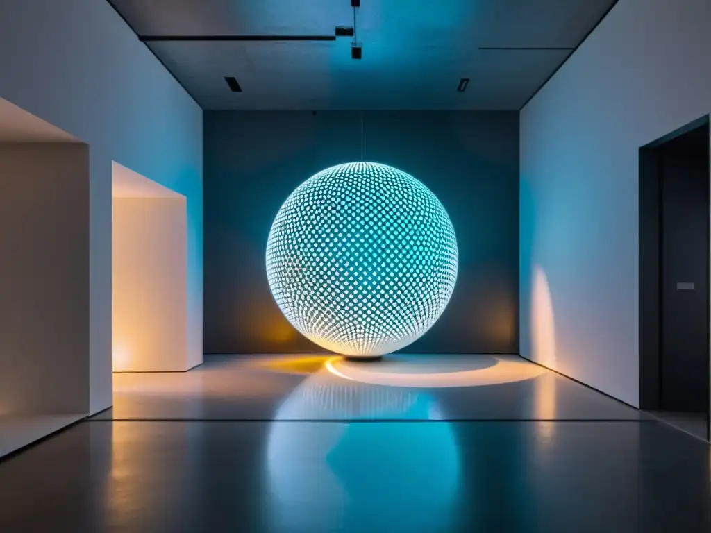 Instalación de arte futurista con IA, esfera luminosa en espacio minimalista