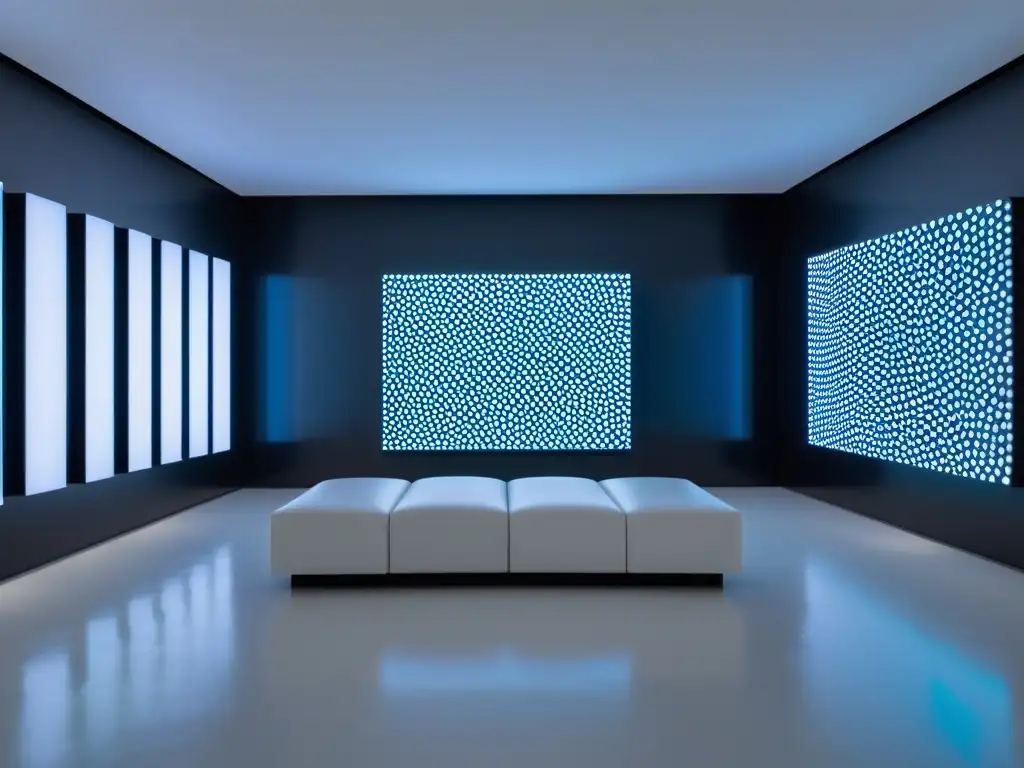 Instalación de arte interactivo con inteligencia artificial en galería blanca, creando una experiencia futurista e inmersiva