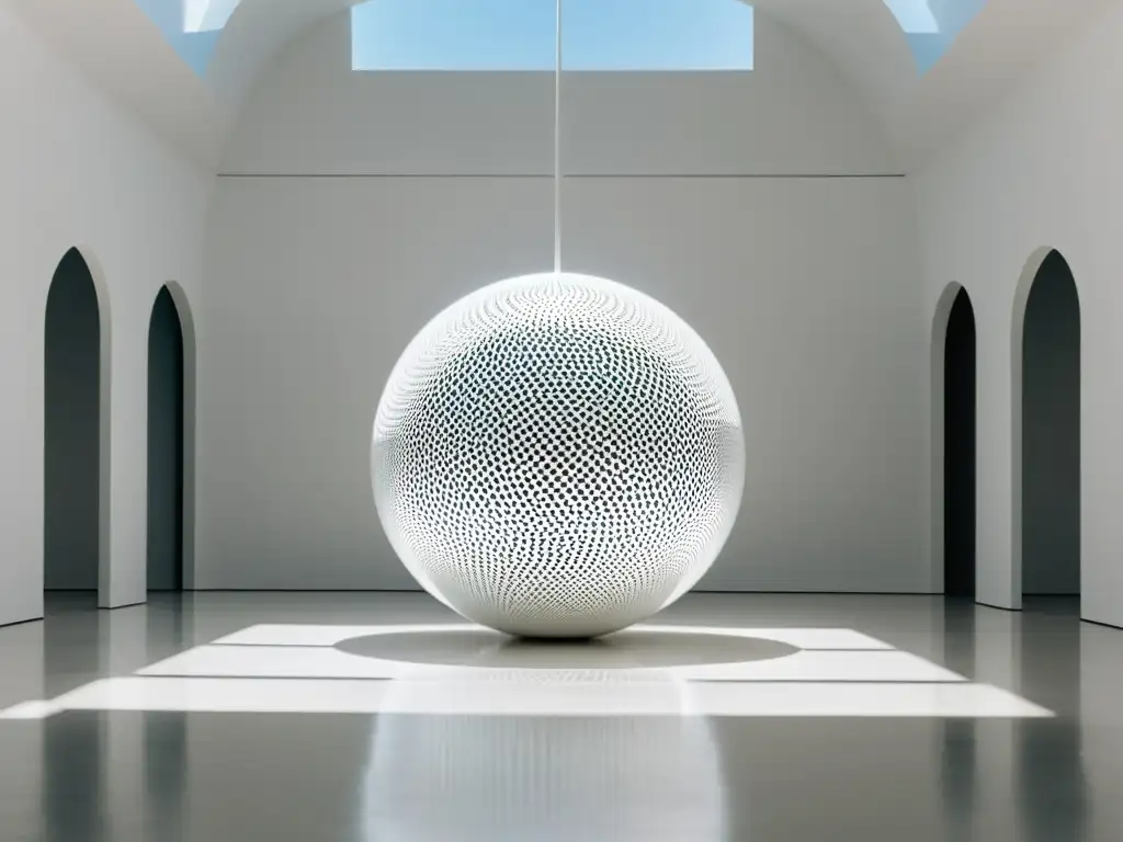 Instalación de arte minimalista con esfera reflectante y patrones geométricos, transformación de espacios físicos con IA