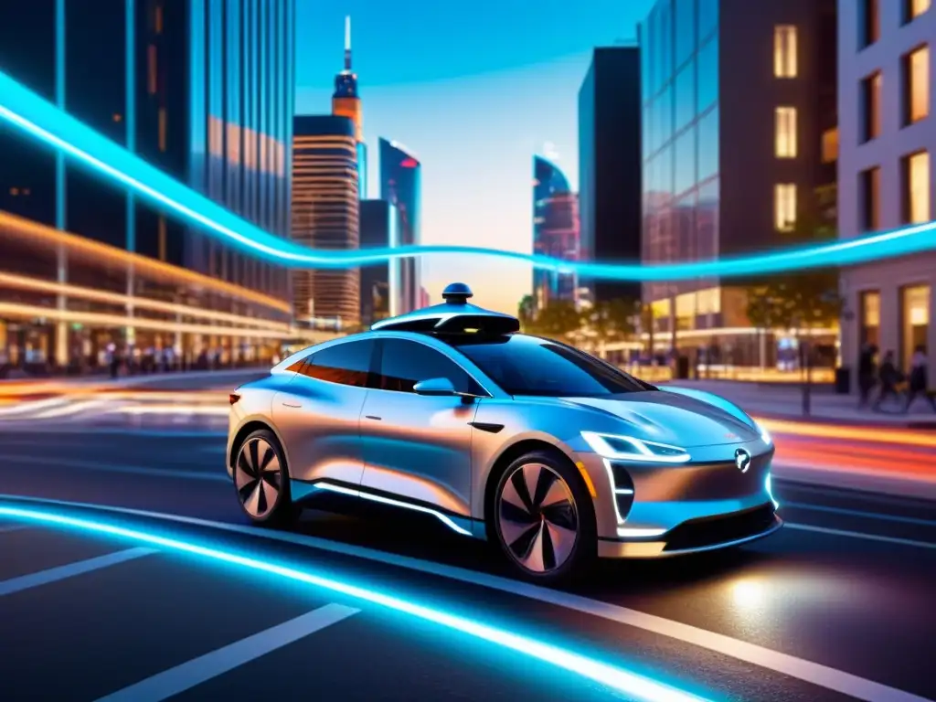 Integración Big Data y 5G en Vehículos: Coche autónomo futurista en una ciudad iluminada por luces de neón y ondas de datos, reflejando innovación y conectividad avanzada