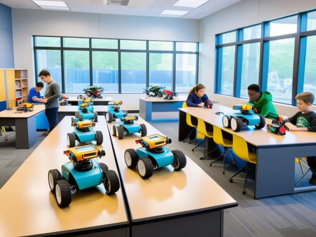 Alumnos creando y programando robots en clase Integración de la Robótica en Educación: Aula llena de estudiantes construyendo y programando robots, rodeados de herramientas y piezas coloridas