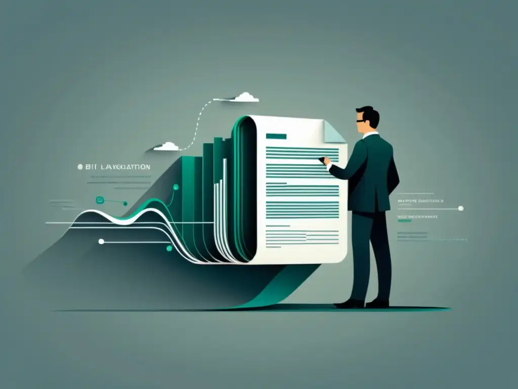 Integración de Big Data en legislación: Ilustración minimalista de datos fluyendo suavemente en un documento legal, armonizando tecnología y leyes