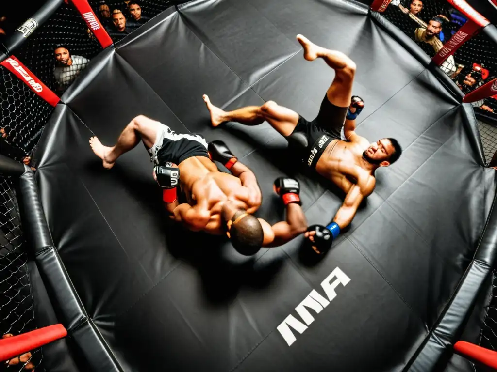 Intensa pelea de Artes Marciales Mixtas capturada desde un ángulo único, mostrando la aplicación del Big Data en el deporte con gran detalle y emoción