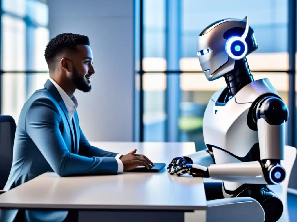 Colaboración futurista entre robot y humano en la oficina Interacción entre robots y empleados en un ambiente moderno de oficina, mostrando habilidades blandas y colaboración futurista