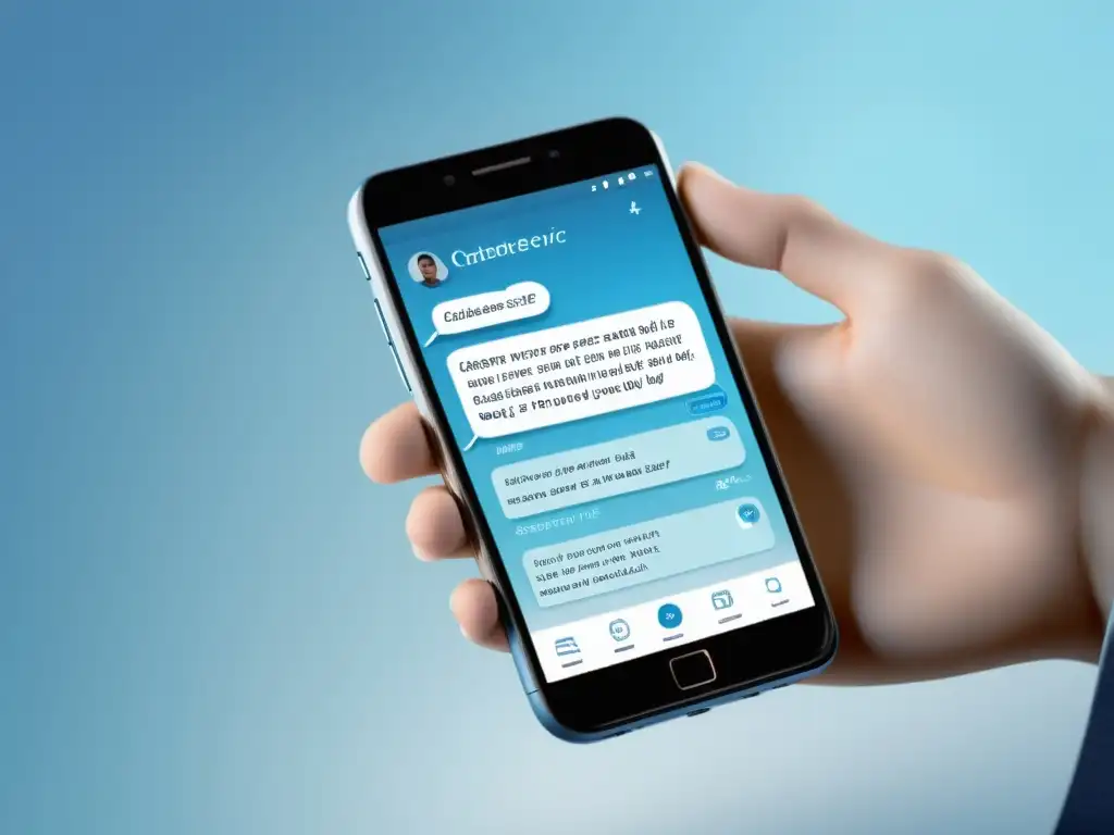 Interfaz de chatbot IA para soporte al cliente en smartphone, diseño moderno y amigable, tonos azules calmantes