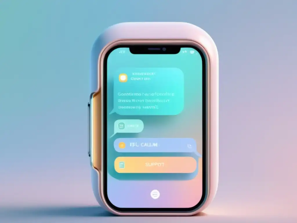 Interfaz de chatbot terapéutico con colores pastel y respuestas empáticas, creando calma y apoyo emocional