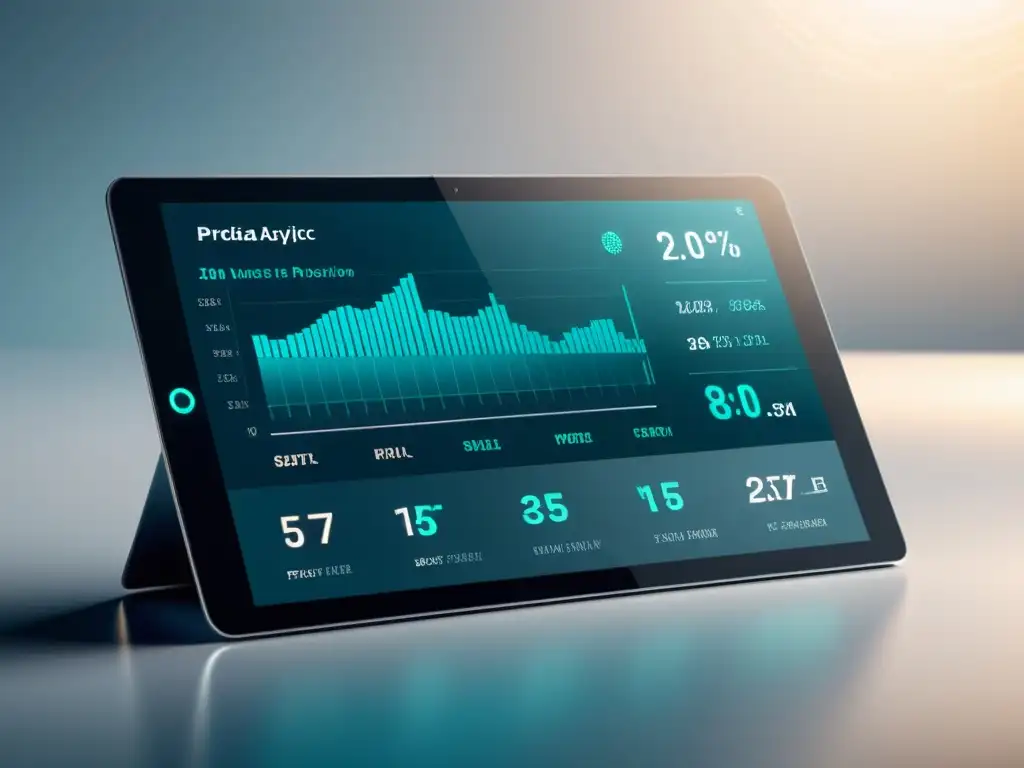 Interfaz digital futurista con analítica predictiva en campañas publicitarias online, gráficos dinámicos y estética moderna