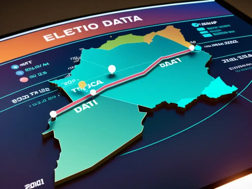 Interfaz digital futurista con datos electorales en tiempo real y gráficos brillantes sobre un mapa