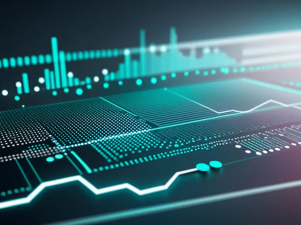 Interfaz digital futurista con datos y gráficos, sobre fondo abstracto de circuitos, reflejando la IA en investigación de mercados