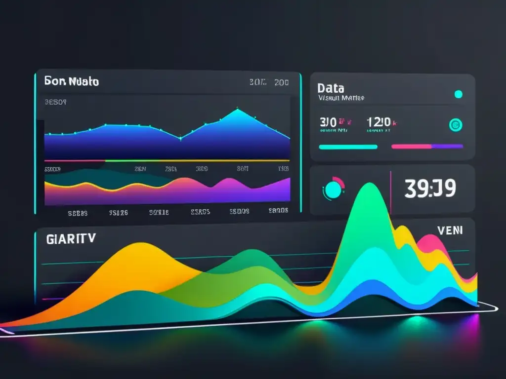 Interfaz digital futurista con gráficos dinámicos y colores vibrantes, reflejando narrativas de marca con analítica predictiva