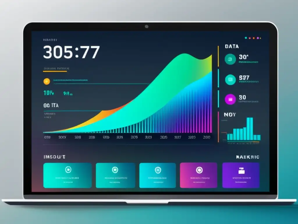 Interfaz digital futurista con visualizaciones de datos vibrantes y personalización extrema en marketing digital