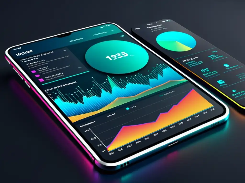 Interfaz digital futurista con visualizaciones de datos y análisis impactantes, en colores vibrantes