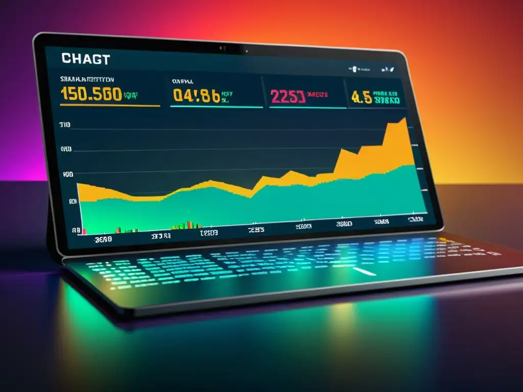 Una interfaz digital de alta resolución muestra gráficos dinámicos de datos de mercado, con diseño moderno y colores vibrantes