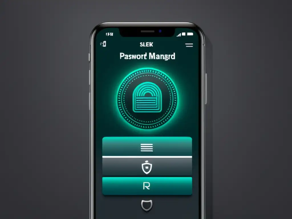 Interfaz elegante de gestor de contraseñas con símbolos de encriptación y escaneo de huellas digitales, transmitiendo seguridad y modernidad