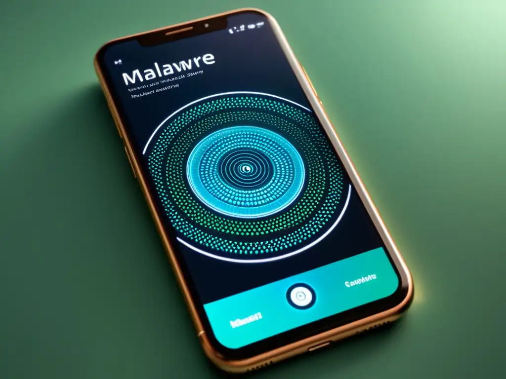 Interfaz elegante de smartphone escaneando malware para detectar malware en dispositivos móviles con tecnología avanzada y colores profesionales