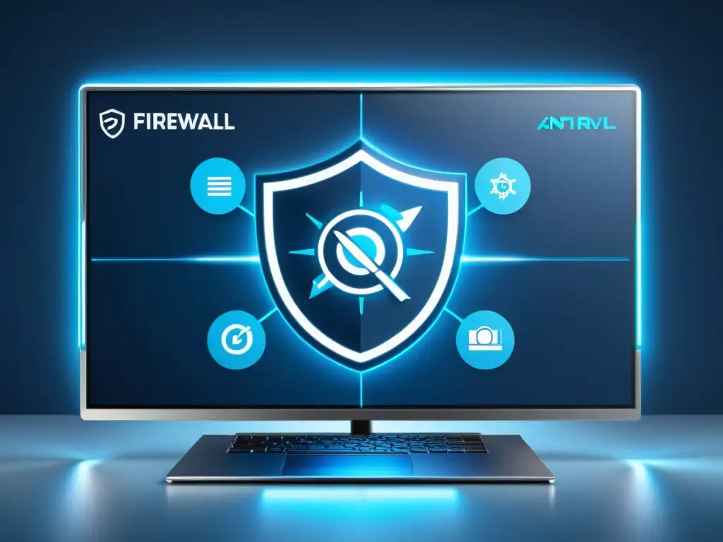 Interfaz de firewall y antivirus, con monitoreo en tiempo real y análisis de amenazas, en tonos azules y metálicos