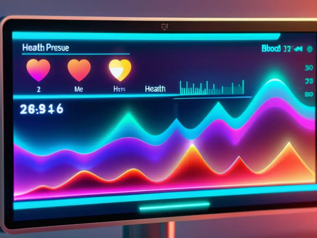 Interfaz futurista de computadora transparente muestra visualización en tiempo real de métricas de salud