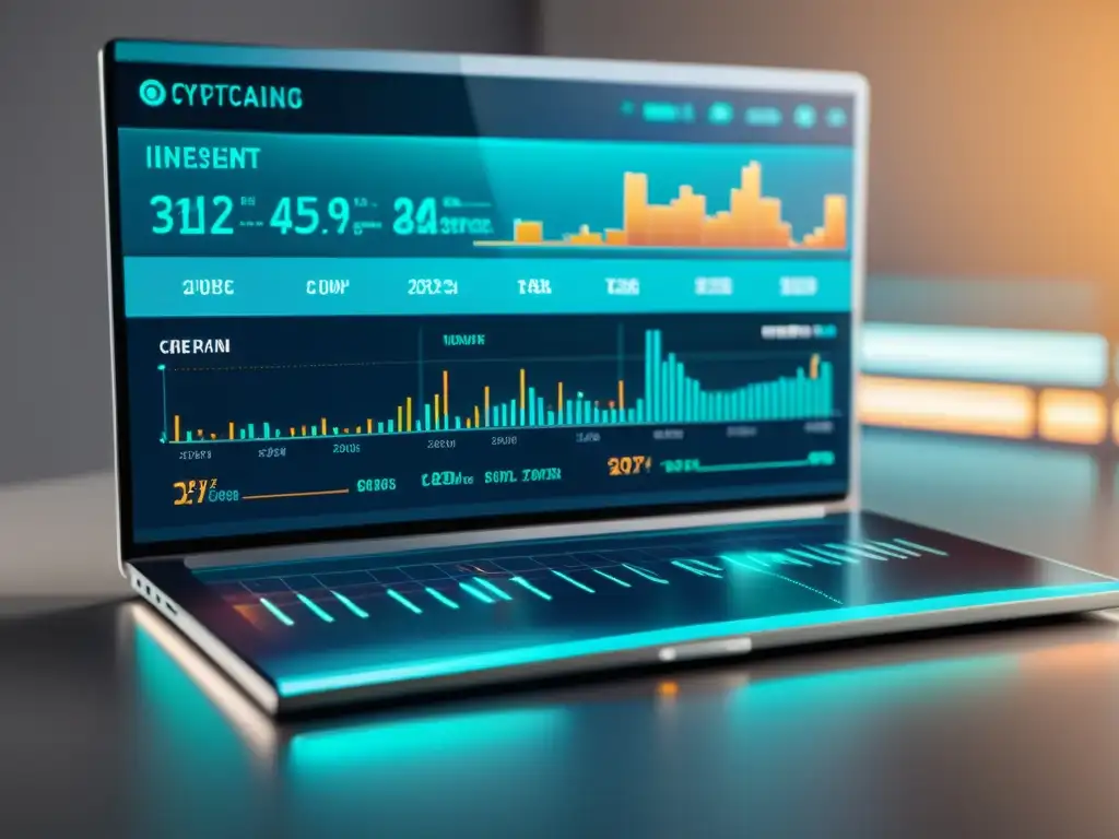 Interfaz futurista de criptomonedas con gráficos precisos y elegantes, evocando estrategias de inversión en criptomonedas