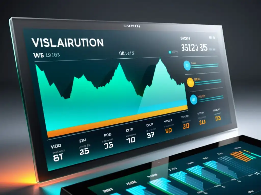 Interfaz futurista de visualización de datos tecnológicos interactivos en pantalla transparente con gráficos vibrantes y modernos