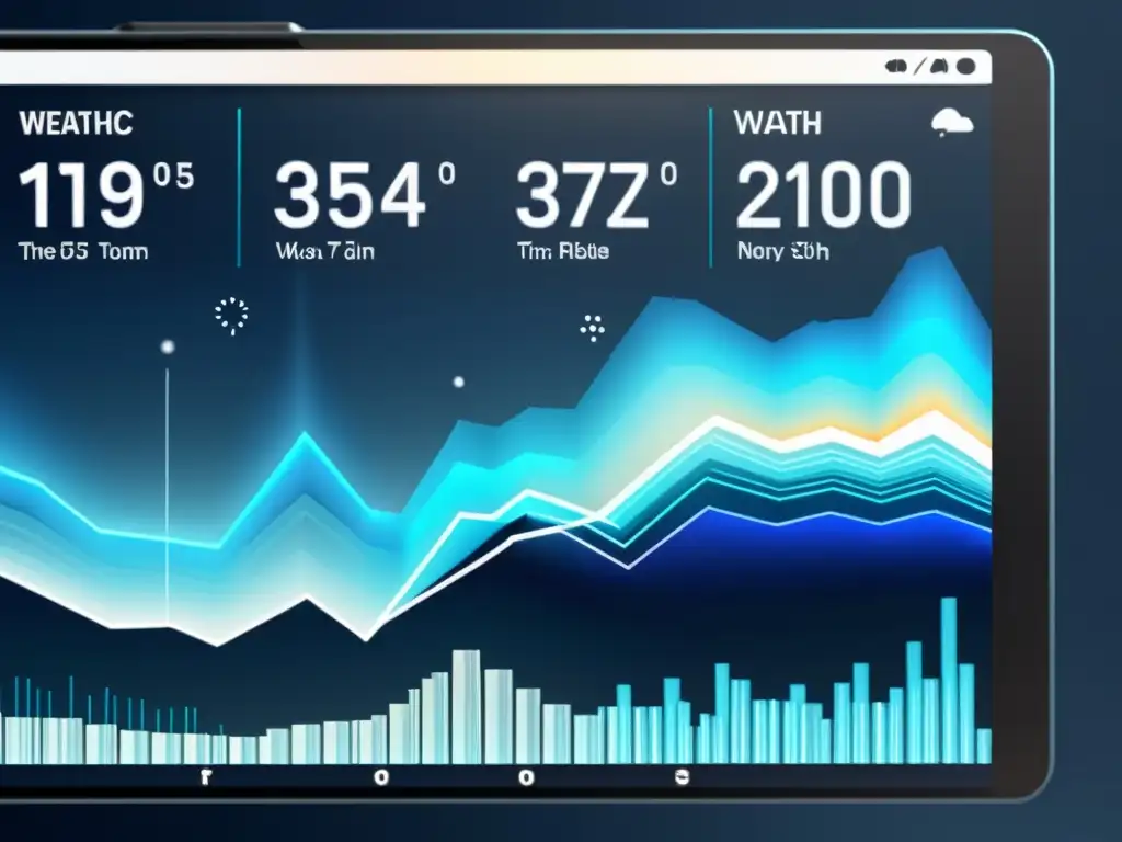 Interfaz futurista para predicción meteorológica con algoritmos de IA, gráficos translúcidos y datos en tiempo real en tonos fríos e invernales