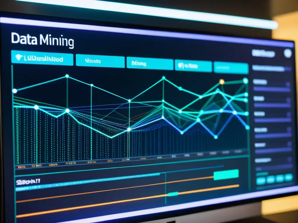 Interfaz futurista de minería de datos en la era del Big Data, con visualizaciones vibrantes y sofisticación tecnológica