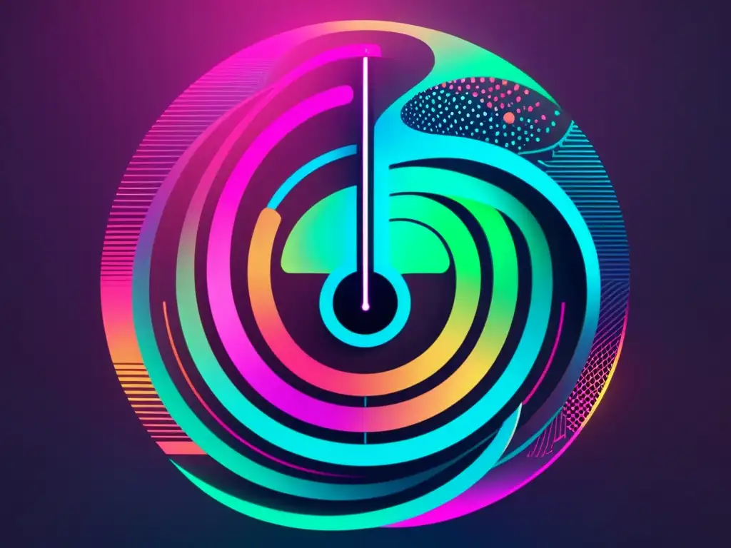 Interfaz AI futurista creando música con colores neón y patrones intrincados, exudando sofisticación tecnológica y creatividad