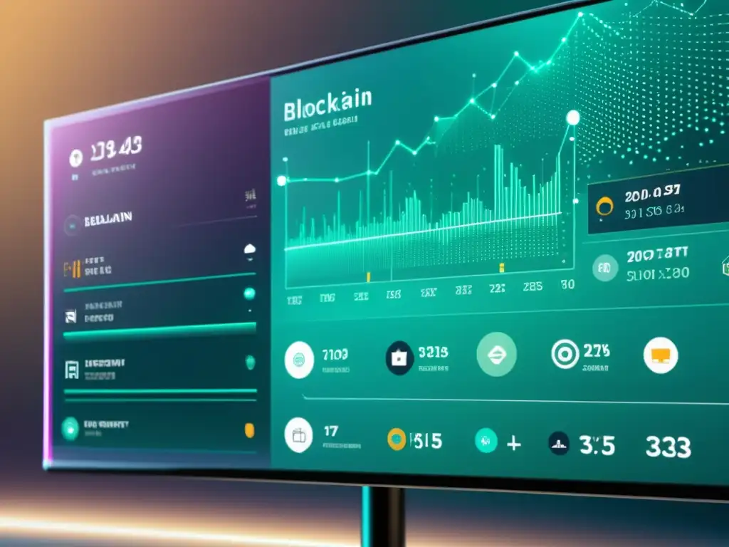 Interfaz blockchain futurista en pantalla transparente, mostrando gestión patrimonio personal con blockchain en diseño geométrico y paleta de colores calmada