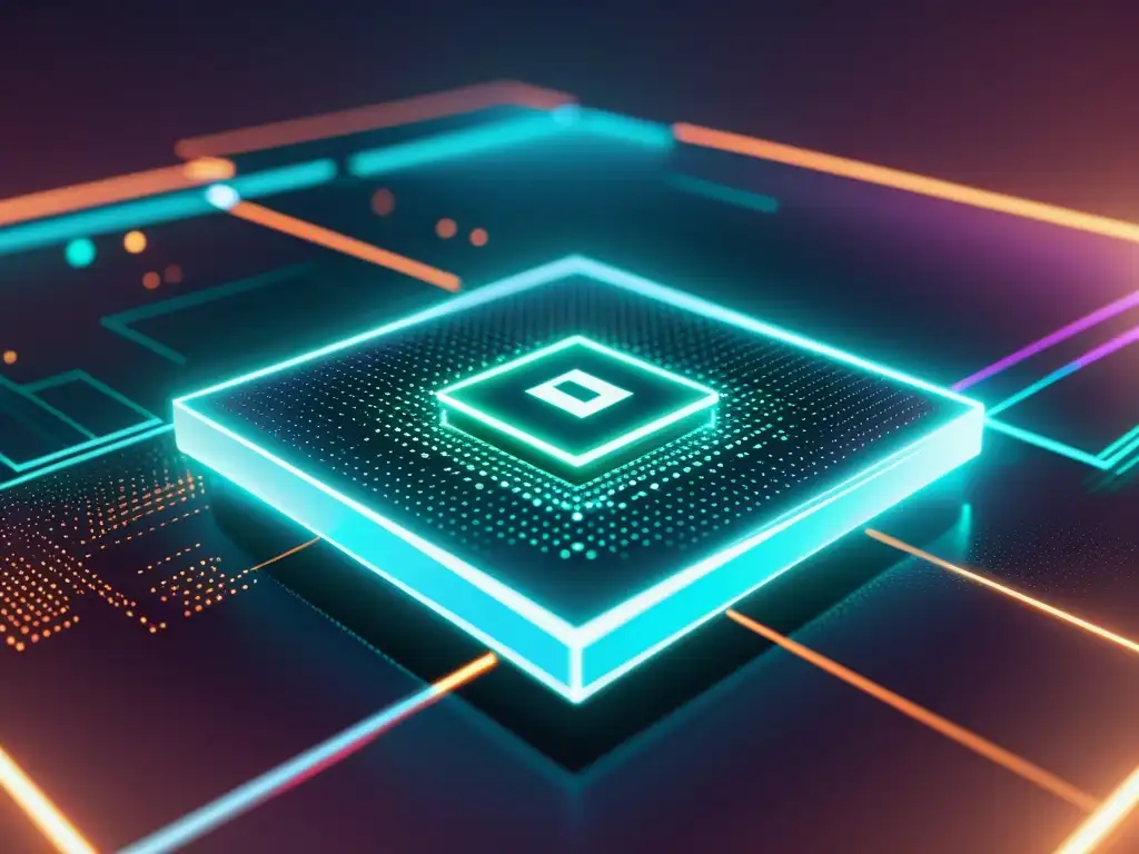 Interfaz futurista de plataforma blockchain en 8K con diseño minimalista y elementos holográficos, emitiendo un resplandor neón