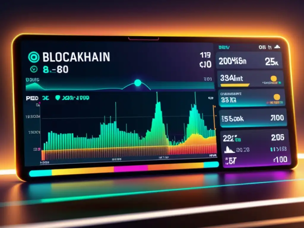 Interfaz futurista de plataforma de comercio de energía con gráficos vibrantes sobre fondo oscuro, destacando la tokenización de la energía blockchain