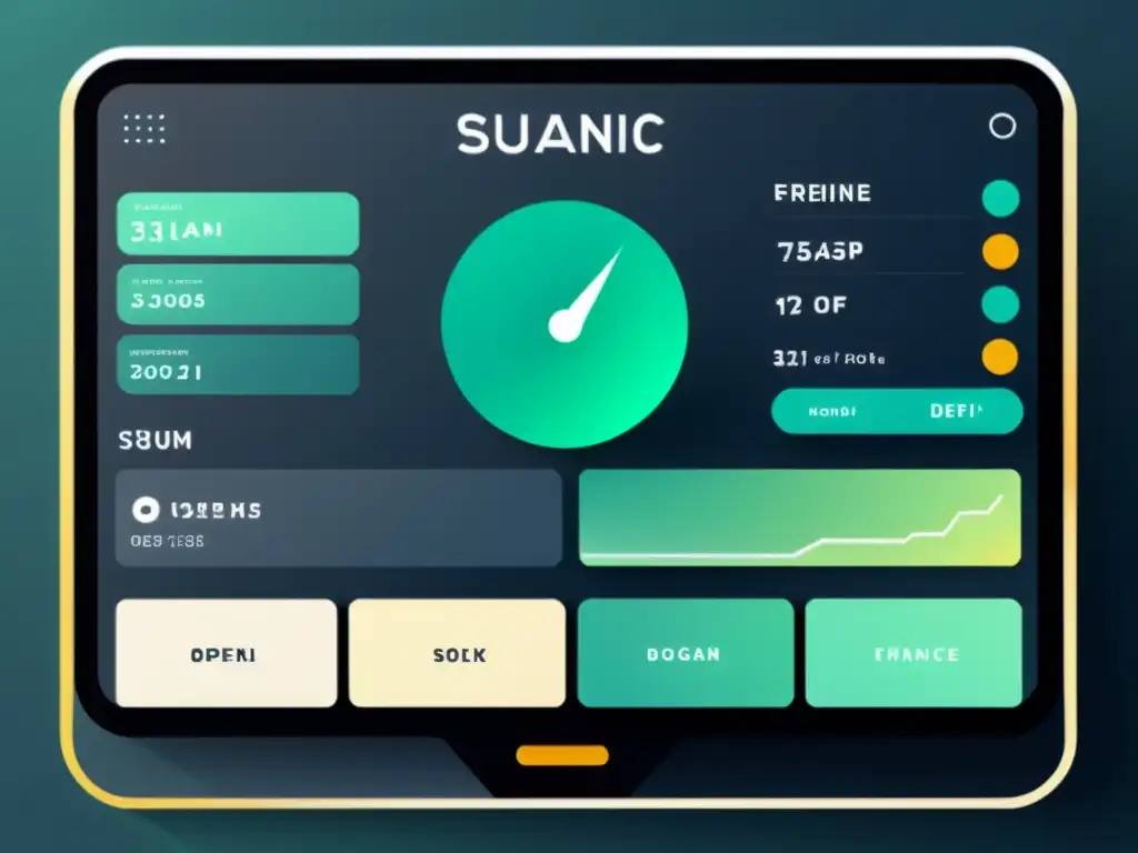 Interfaz futurista de plataforma DeFi con gráficos y datos financieros