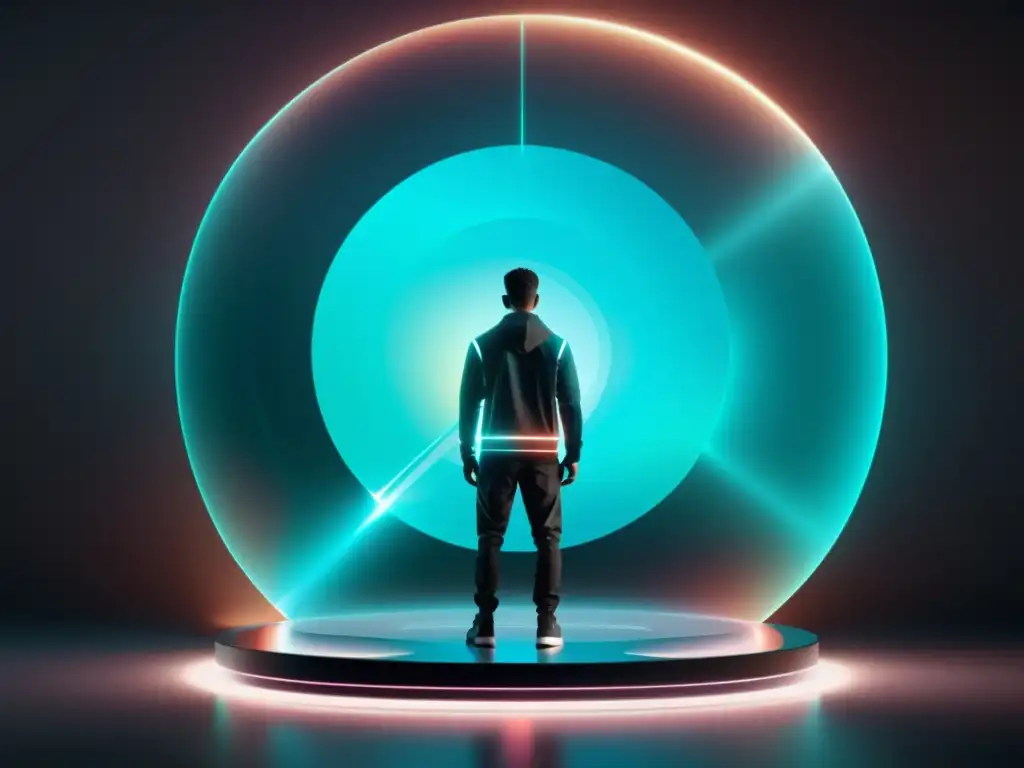 Interfaz holográfica futurista con tecnologías de visualización de datos 2023, formas geométricas translúcidas y representaciones dinámicas de datos