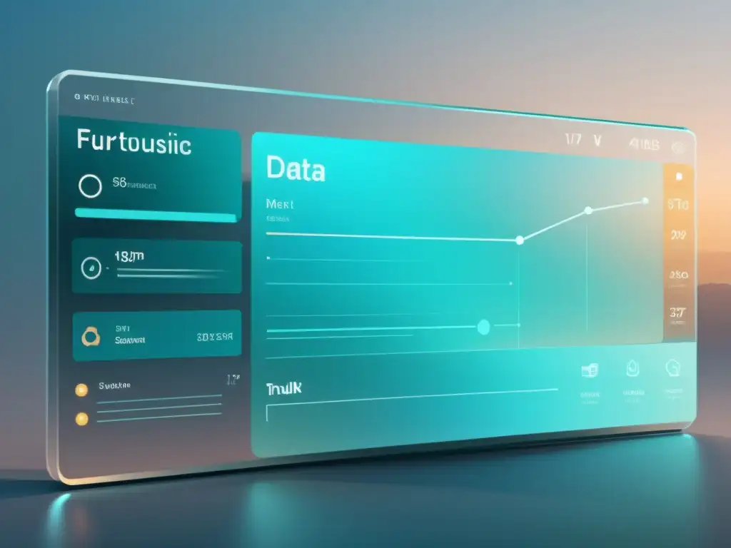 Interfaz AI futurista y transparente, fomentando confianza pública en IA transparente con diseño moderno y datos organizados